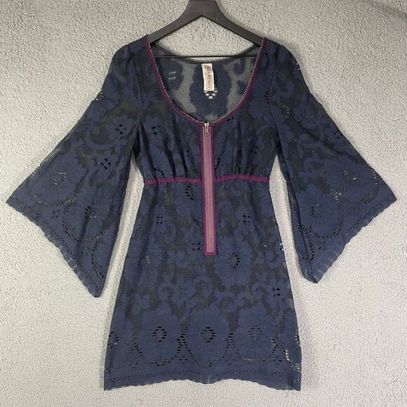 Free People Navy Lace Mini Dress Small Boho Sheer Bell Sleeve Festival Outfit - Picture 2 of 12